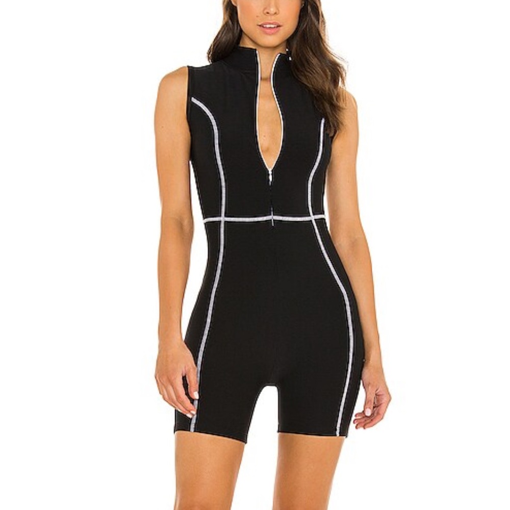 Year of Ours Black Sleeveless Zip-Front Romper with White Piping